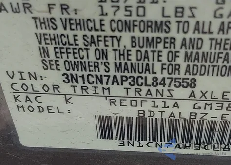 2012 Nissan Versa S/Sv/Sl from USA, damaged, VIN 3N1CN7AP3CL847558